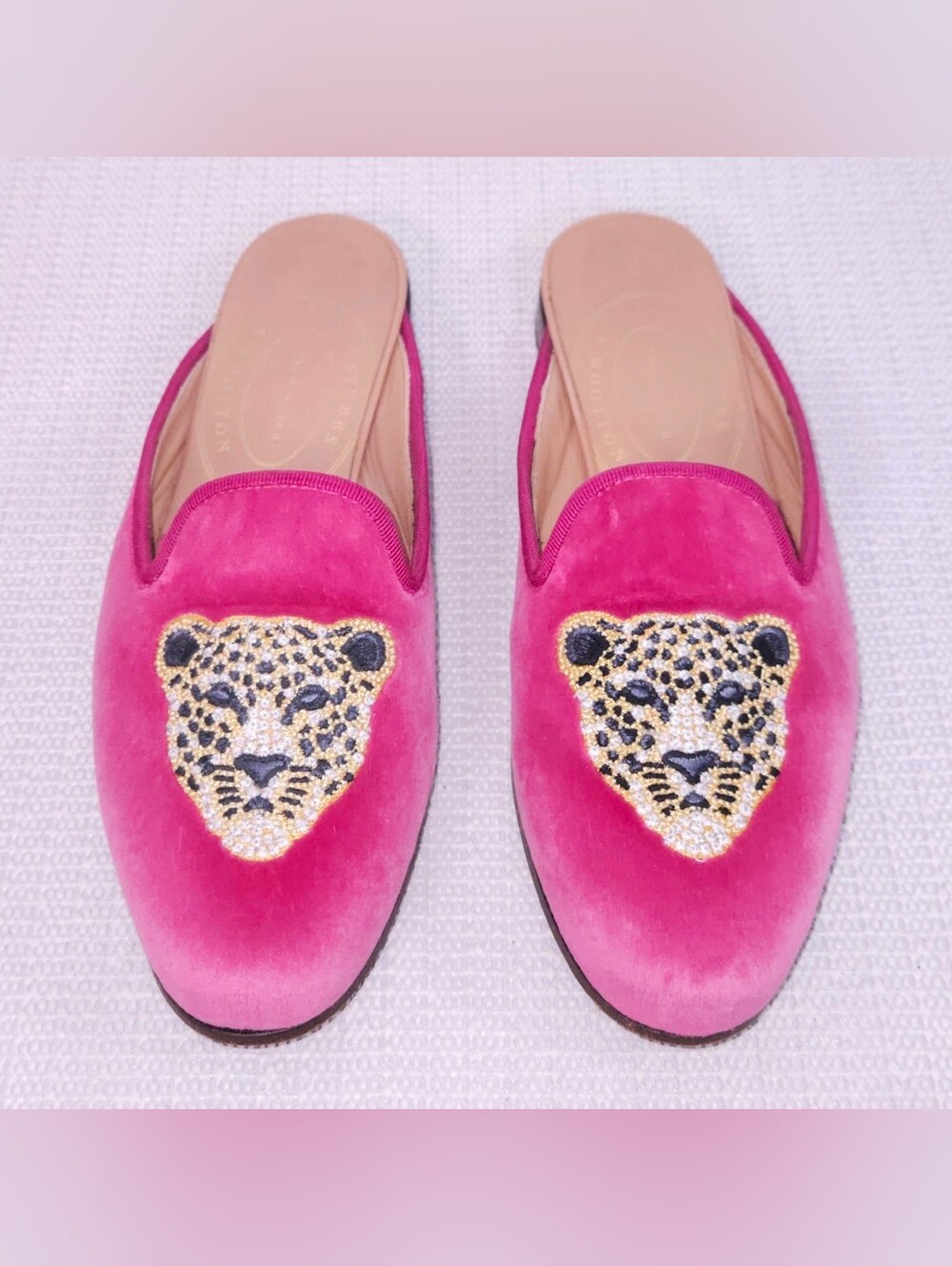 Stubbs & Wootton Mules Pink Cat Velvet Leather Slip-On Flats